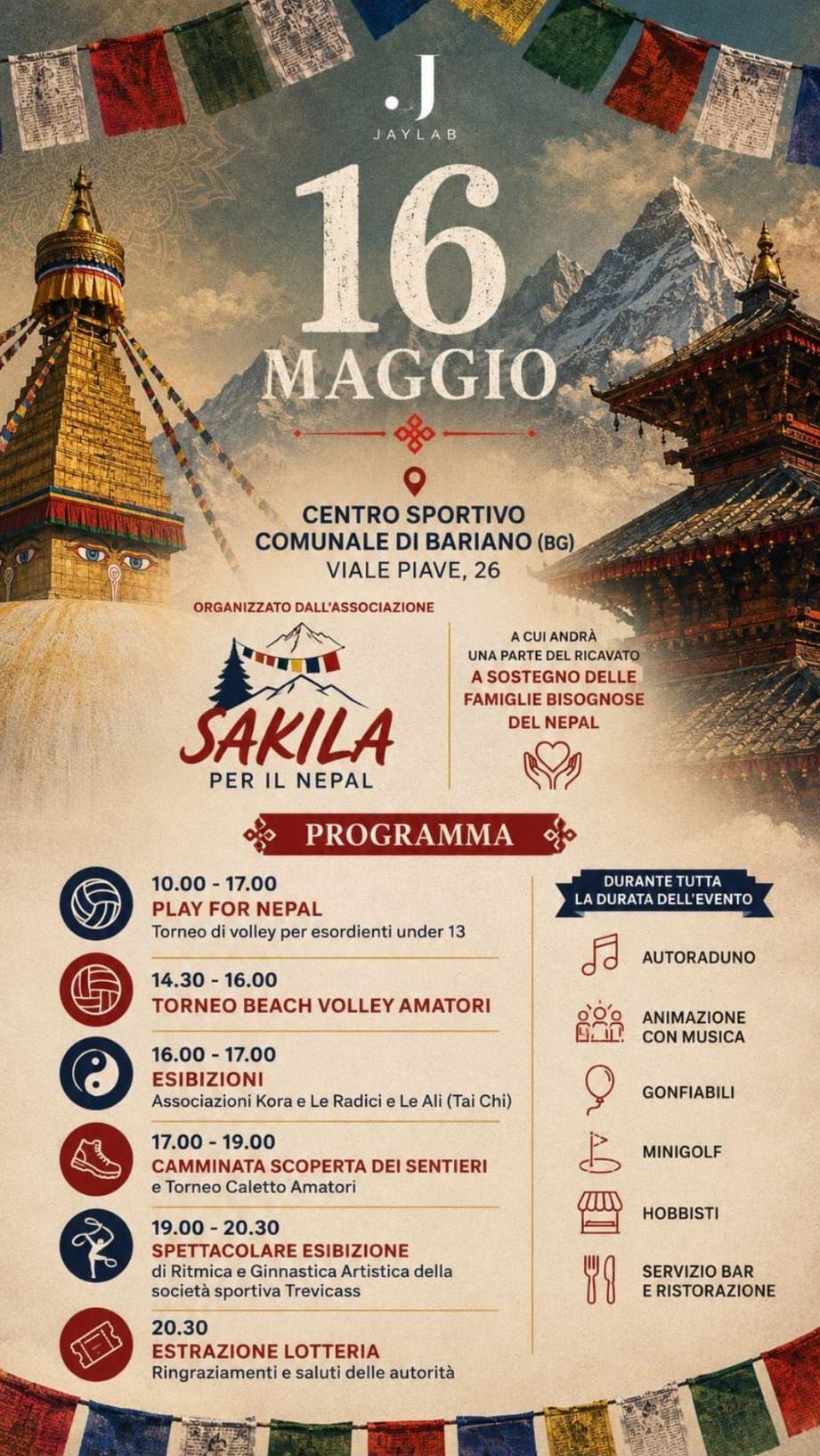 Programma di Play for Nepal del 16 maggio al Centro Sportivo Comunale di Bariano