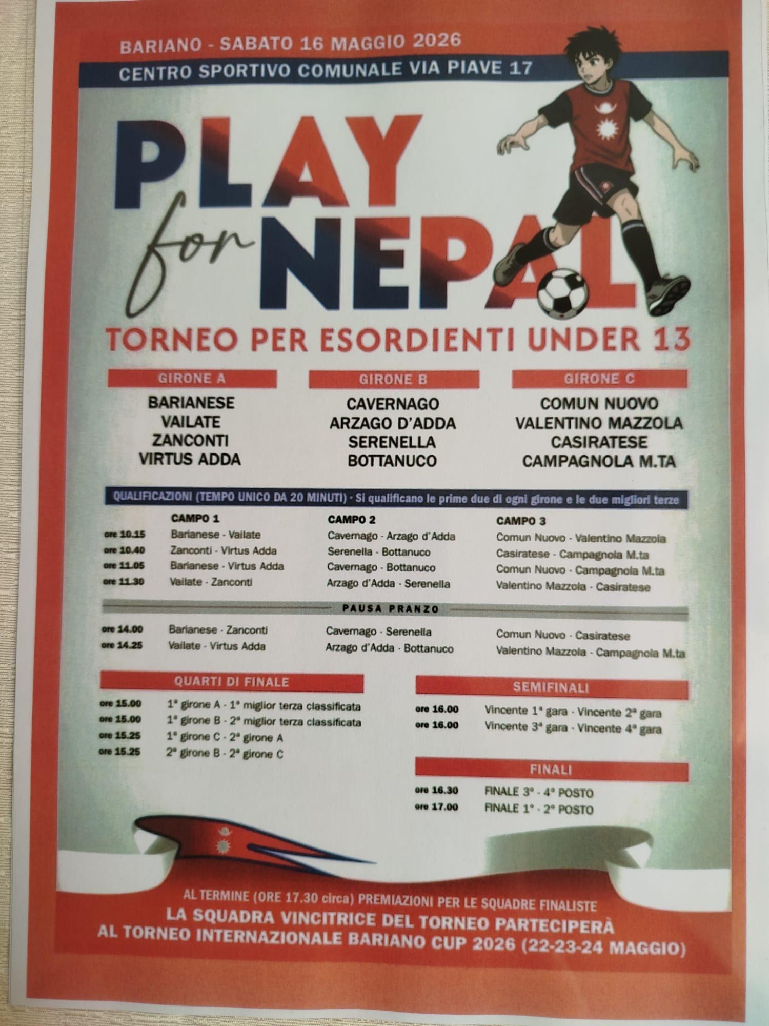 Locandina del torneo per esordienti under 13 di Play for Nepal, con gironi e orari delle partite