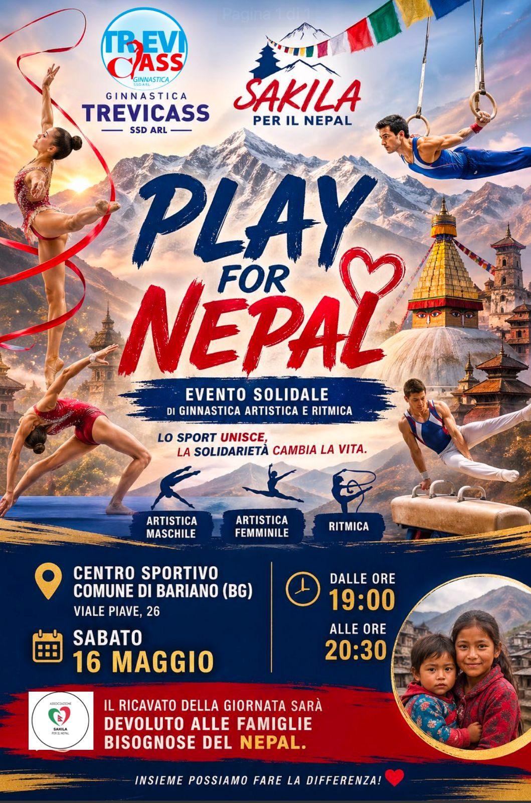 Locandina di Play for Nepal: evento solidale di ginnastica artistica e ritmica con Ginnastica Trevicass